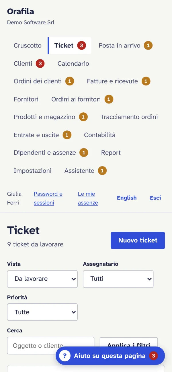 Ticket list on a phone, with priority, status, assignee and a missed resolution time.