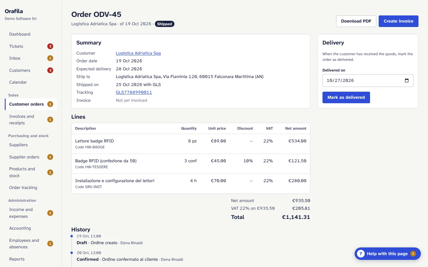 A shipped order, with tracking