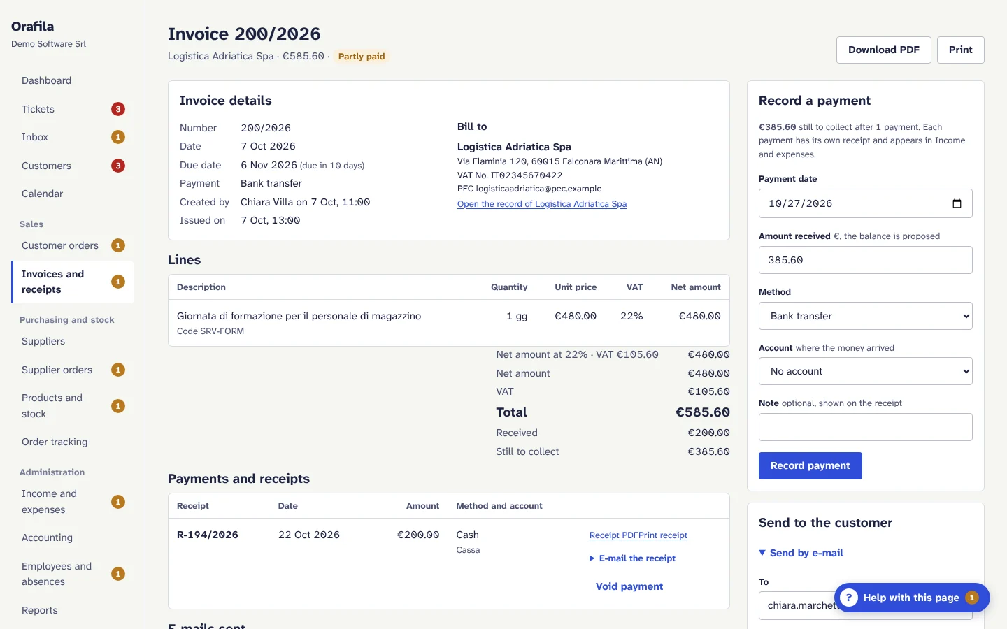 An invoice with a payment and its receipt