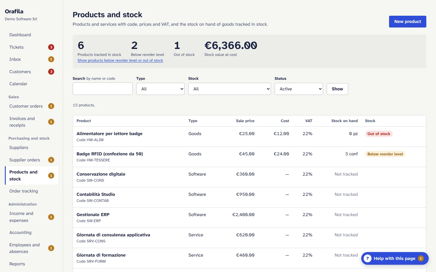 Products and stock