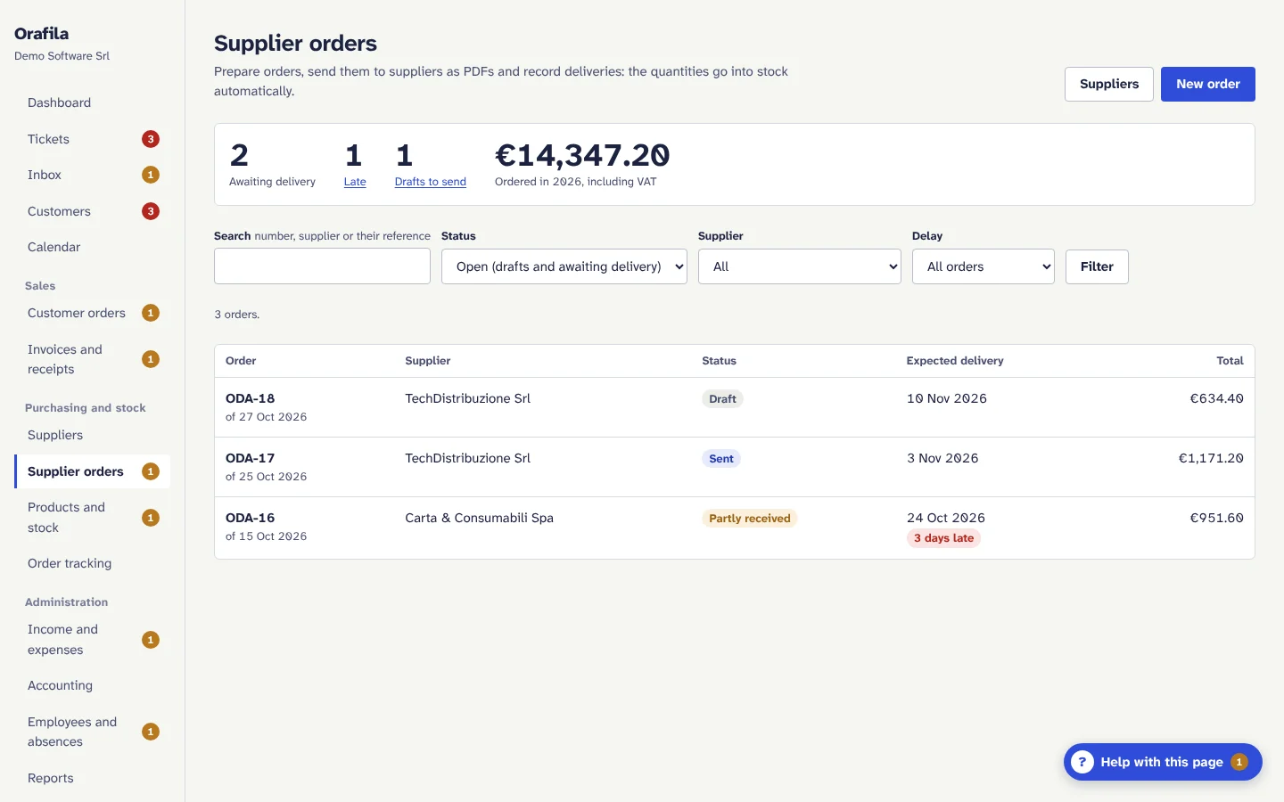 Supplier orders