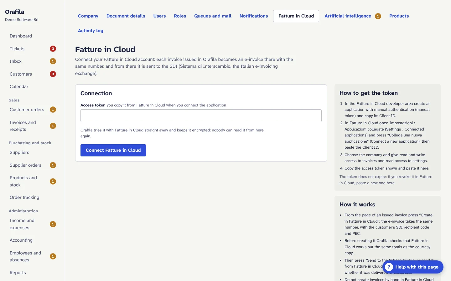 Fatture in Cloud settings