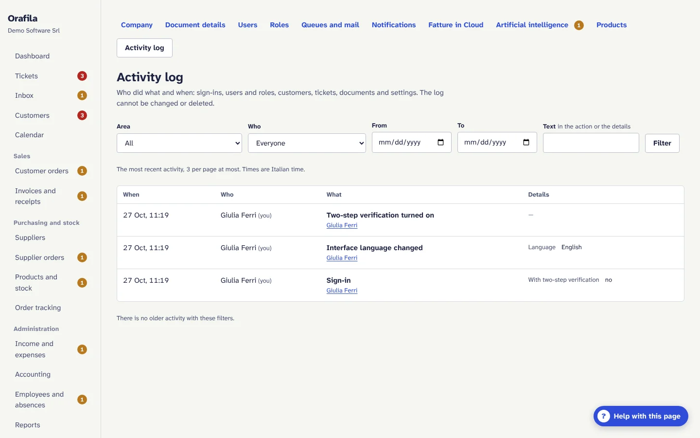 Activity log
